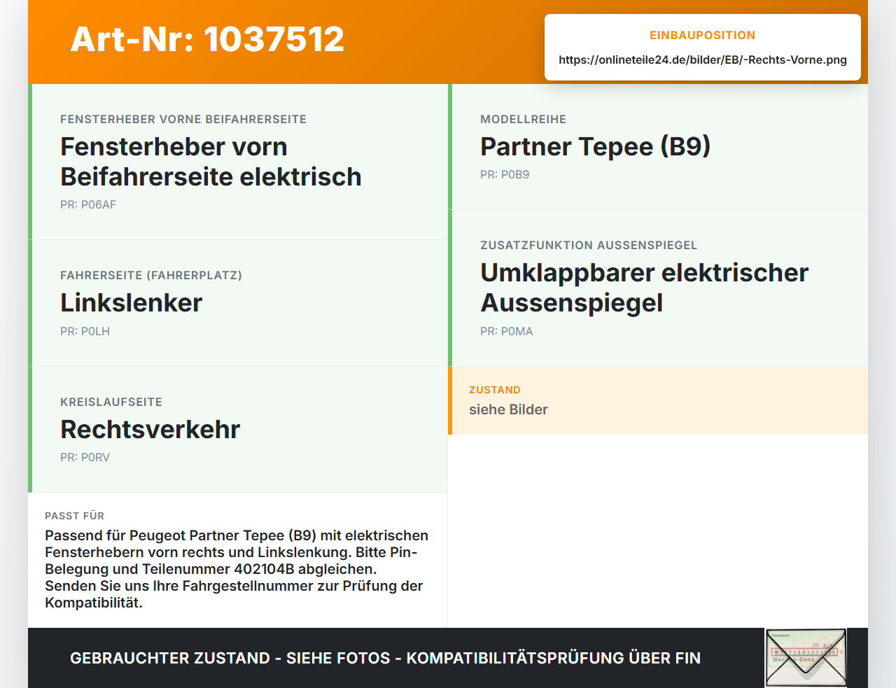 Peugeot Partner Tepee 08-12 Fensterhebermotor Vorne Rechts Beifahrerseite Peugeot Partner Tepee 08-12 07.06.2011... Vorschau 3