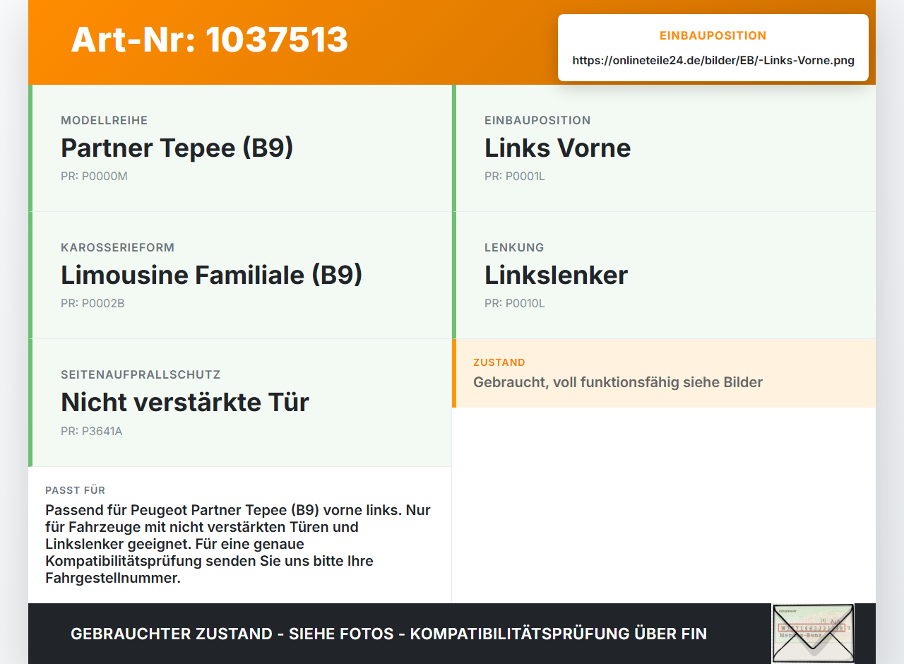 Peugeot Partner Tepee 08-12 Türfangband Türbremse Links Vorne Peugeot Partner Tepee 08-12 07.06.2011 gebraucht Vorschau 3