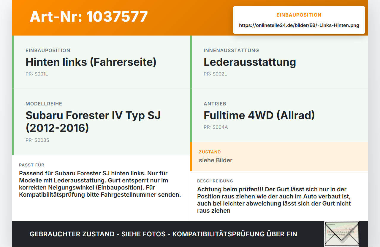 Subaru Forester IV SJ 12-16 Sicherheitsgurt Gurt Hinten Links Subaru Forester IV SJ 12-16 16.02.2015 1097487... Vorschau 3
