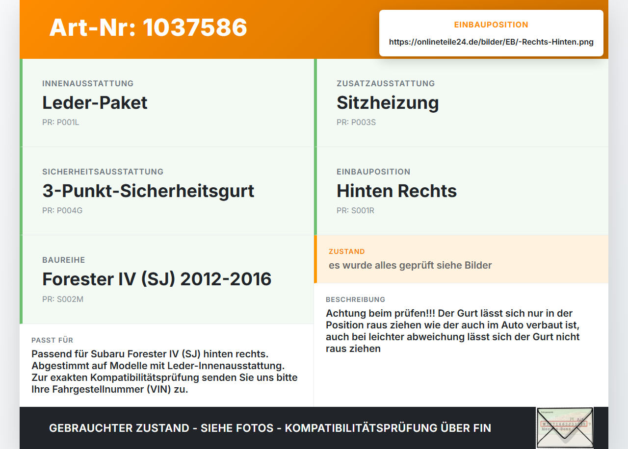 Subaru Forester IV SJ 12-16 Gurt Sicherheitsgurt Rechts Hinten Subaru Forester IV SJ 12-16 16.02.2015 TK-AH0-ES165... Vorschau 3