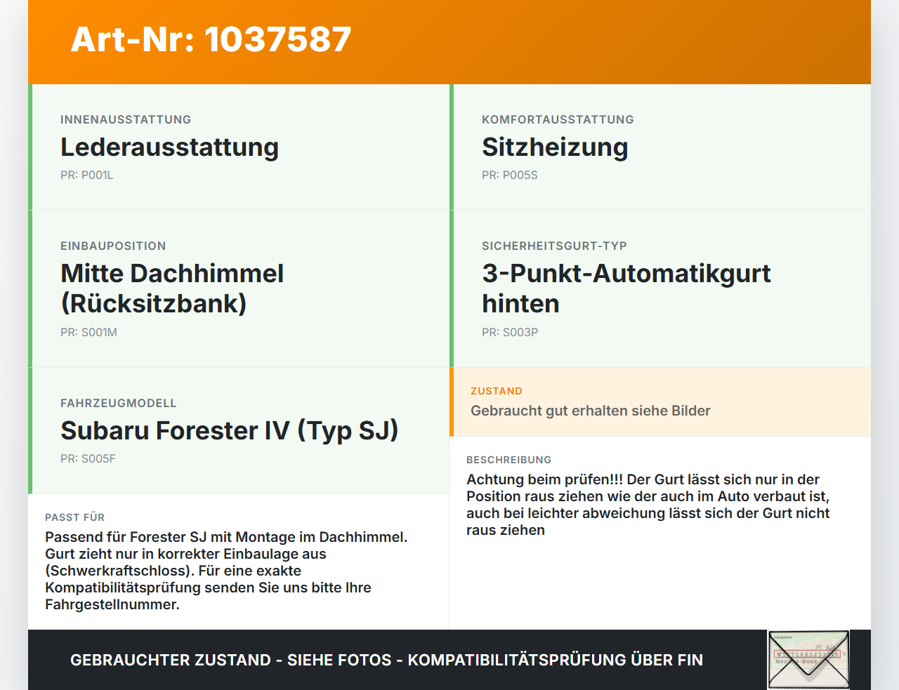 Subaru Forester IV SJ 12-16 Sicherheitsgurt Gurt Dachhimmel Mitte Subaru Forester IV SJ 12-16 16.02.2015 1097460... Vorschau 3