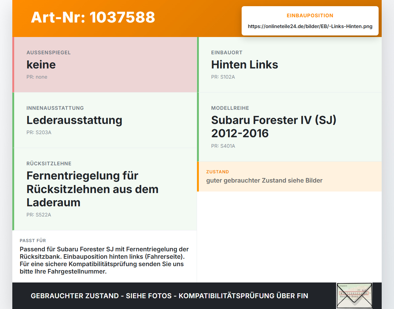Subaru Forester IV SJ 12-16 Schalter Rücksitzbank Umklappen Hinten Links Subaru Forester IV SJ 12-16 16.02.2015... Vorschau 3