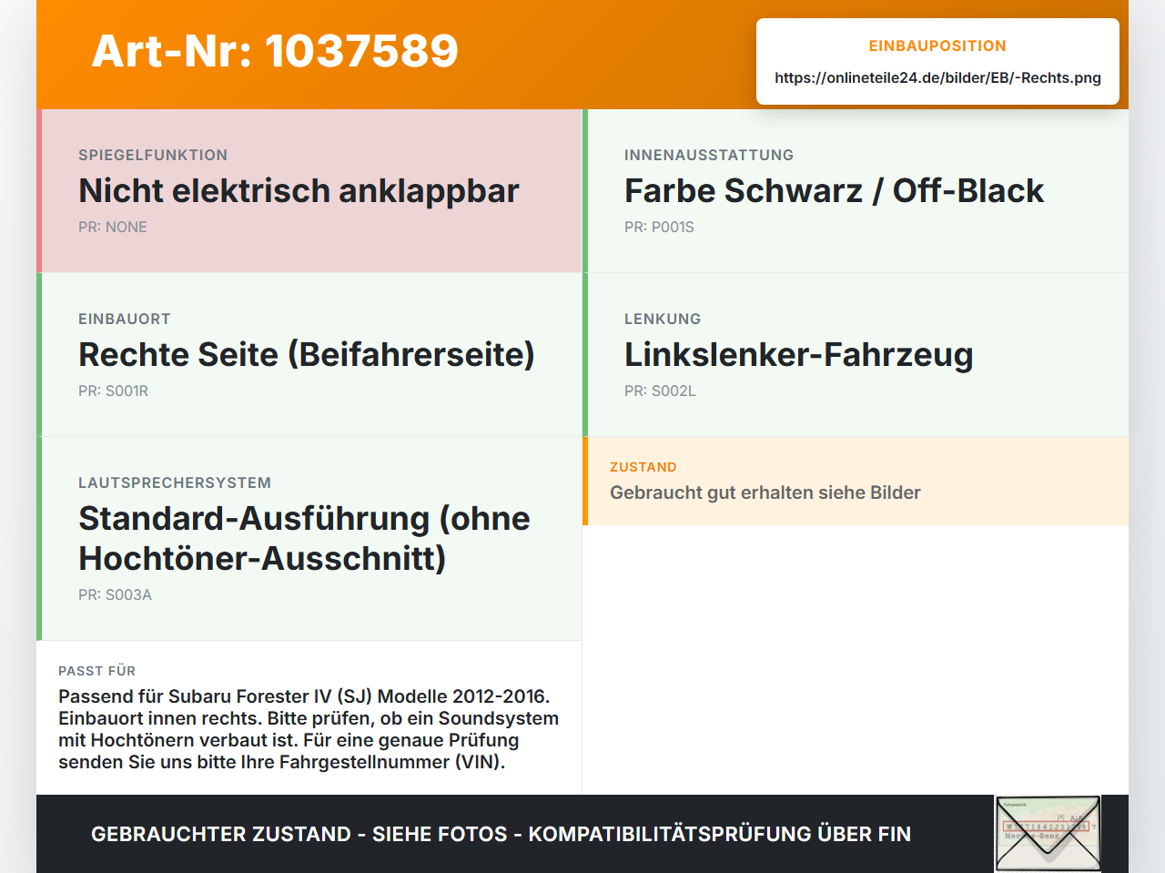 Subaru Forester IV SJ 12-16 Spiegeldreieck Blende Abdeckung Innen Rechts Subaru Forester IV SJ 12-16 16.02.2015... Vorschau 3