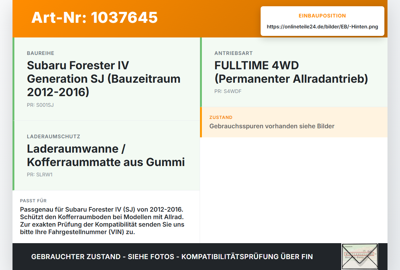 Subaru Forester IV SJ 12-16 Laderaumwanne Kofferraumwanne Gummimatte Hinten Subaru Forester IV SJ 12-16 16.02.2015... Vorschau 3