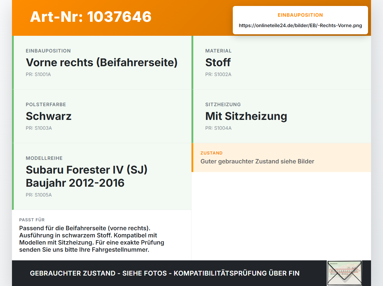 Subaru Forester IV SJ 12-16 Sitzbezug Sitzpolster Vorne Rechts Stoff Schwarz Subaru Forester IV SJ 12-16 16.02.2015... Vorschau 3