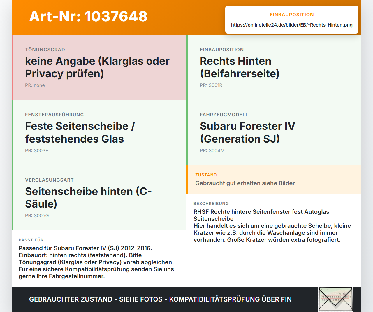 Subaru Forester IV SJ 12-16 Seitenscheibe Feste Scheibe Rechts Hinten Subaru Forester IV SJ 12-16 16.02.2015 gebraucht Vorschau 3