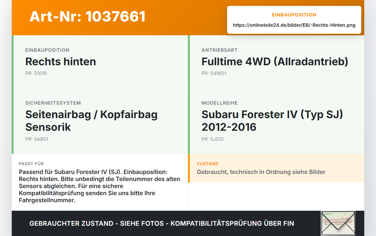 Subaru Forester IV SJ 12-16 Airbagsensor Crashsensor Rechts Hinten Subaru Forester IV SJ 12-16 16.02.2015 gebraucht Vorschau 3