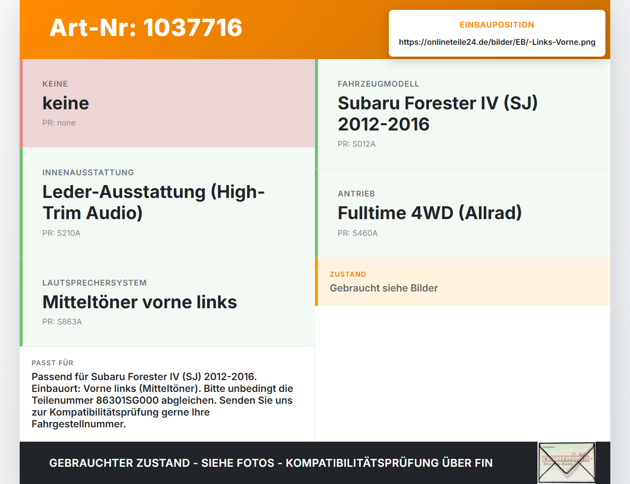 Subaru Forester IV SJ 12-16 Lautsprecher Mitteltöner Links Vorne Subaru Forester IV SJ 12-16 16.02.2015 86301SG000... Vorschau 3