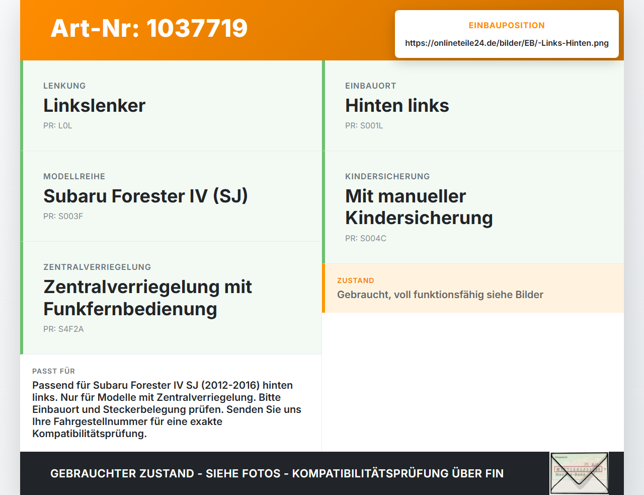 Subaru Forester IV SJ 12-16 Türschloss Stellmotor ZV Schloss Links Hinten Subaru Forester IV SJ 12-16 16.02.2015... Vorschau 3