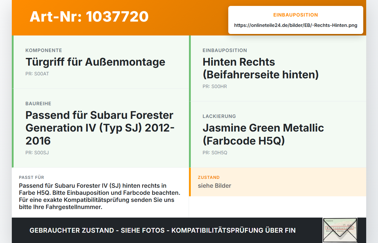 Subaru Forester IV SJ 12-16 Türgriff Griff aussen Rechts Hinten H5Q Subaru Forester IV SJ 12-16 16.02.2015 gebraucht Vorschau 3
