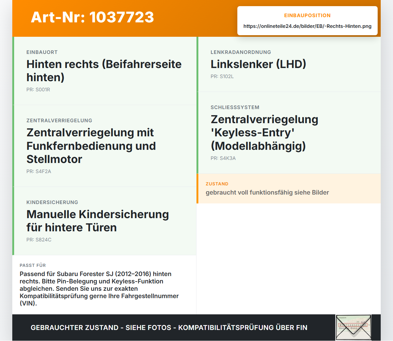 Subaru Forester IV SJ 12-16 Türschloss ZV Schloss Stellmotor Hinten Rechts Subaru Forester IV SJ 12-16 16.02.2015... Vorschau 3