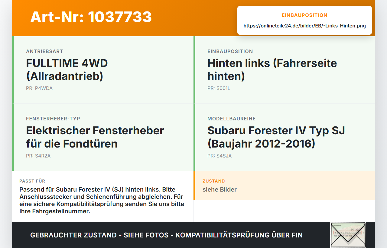 Subaru Forester IV SJ 12-16 Fensterhebermotor mit Fensterheber Links Hinten Subaru Forester IV SJ 12-16 16.02.2015... Vorschau 3