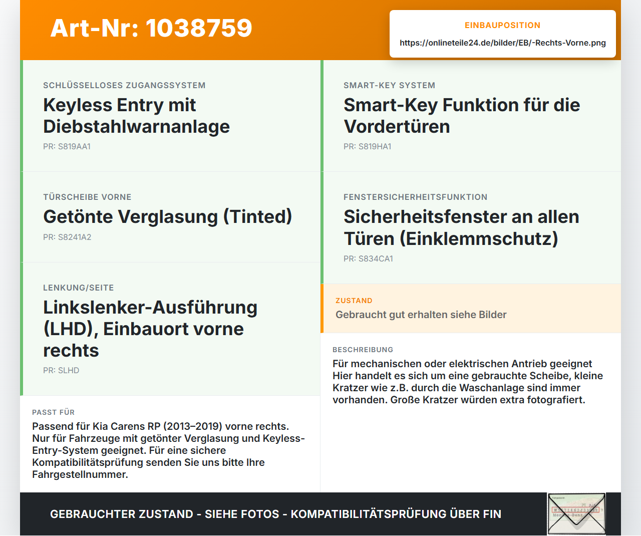 KIA Carens RP IV 13-19 Seitenscheibe RVK Türscheibe Rechts Vorne KIA Carens RP IV 13-19 29.08.2014 82420A-4010 gebraucht Vorschau 3