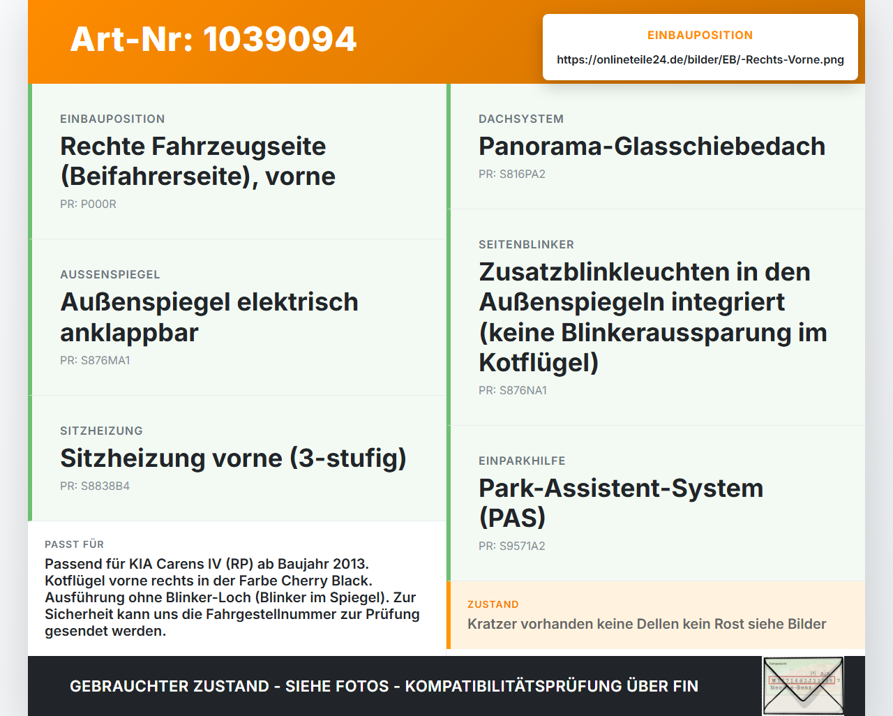 KIA Carens RP IV 13-19 Kotflügel Rechts Vorne KIA Carens RP IV 13-19 29.08.2014 66321A-4000 gebraucht Vorschau 3