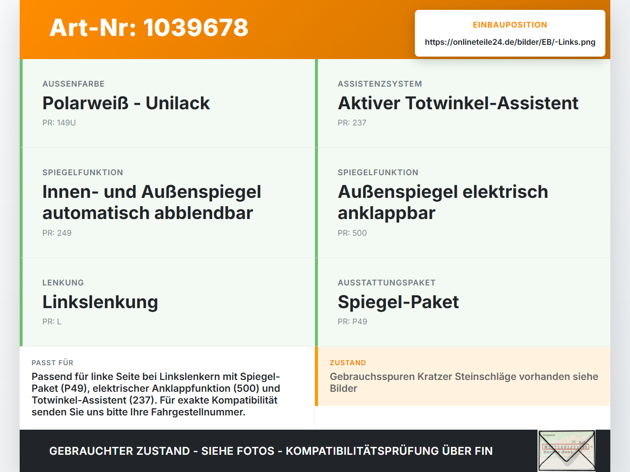 Mercedes W204 S204 C250 07-14 Spiegel Aussenspiegel Links Elektrochrom Totwink. 149U Mercedes W204 S204 C250 07-14... Vorschau 3