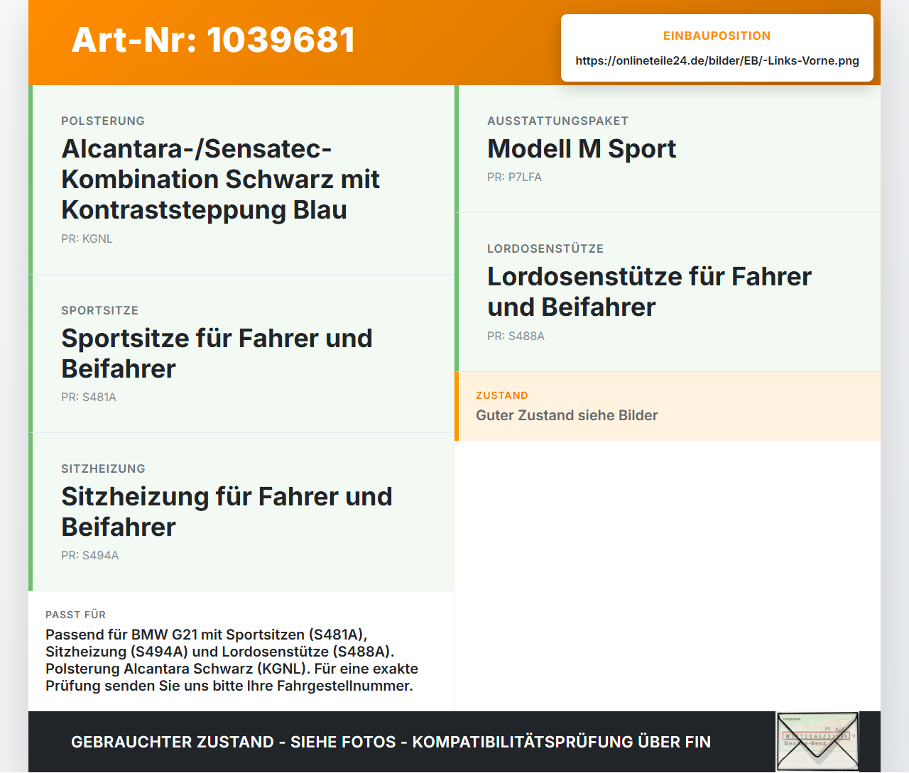 BMW G21 320dx 3er 19-22 Kombi Sitzbezug Rückenpolster Links Vorne für Fahrer Sitz Sport Teilleder Alcantara BMW G21... Vorschau 3