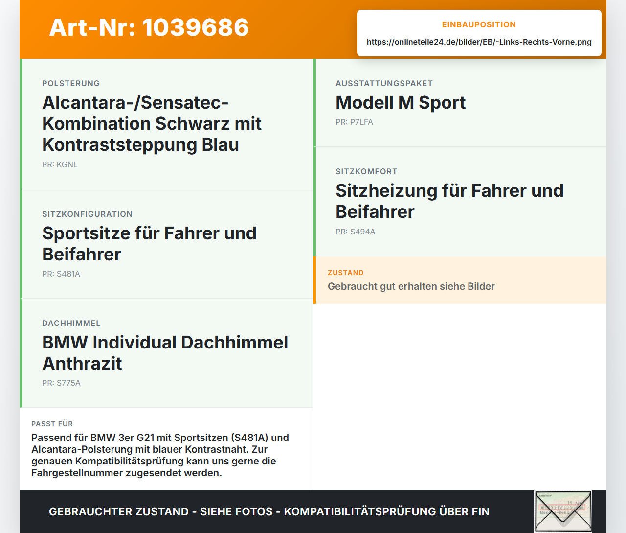 BMW G21 320dx 3er 19-22 Kombi Kopfstütze für Beifahrer Sitz Rechts oder Links Vorne blaue Naht BMW G21 320dx 3er... Vorschau 3