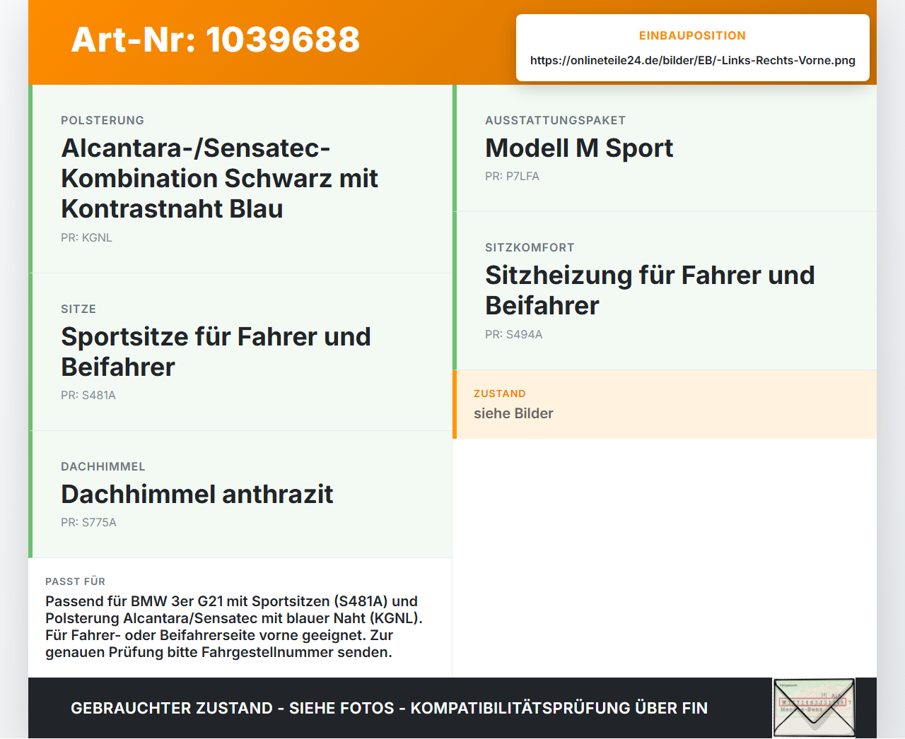 BMW G21 320dx 3er 19-22 Kopfstütze für Fahrer Sitz Rechts oder Links Vorne blaue Naht BMW G21 320dx 3er 19-22... Vorschau 3