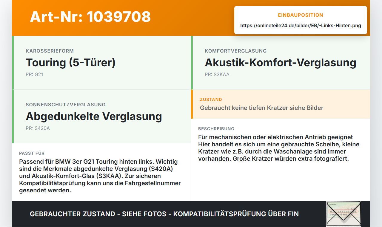BMW G21 320dx 3er 19-22 Kombi Seitenscheibe LHK für Türscheibe Fenster Links Hinten Orig. getönt BMW G21 320dx 3er... Vorschau 3