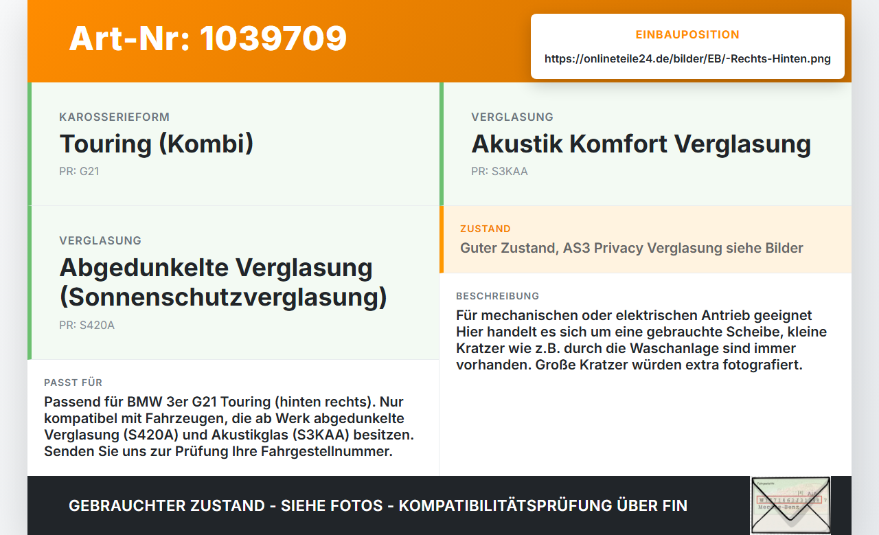 BMW G21 320dx 3er 19-22 Kombi Seitenscheibe RHK Türscheibe Rechts Hinten Orig. getönt BMW G21 320dx 3er 19-22... Vorschau 3
