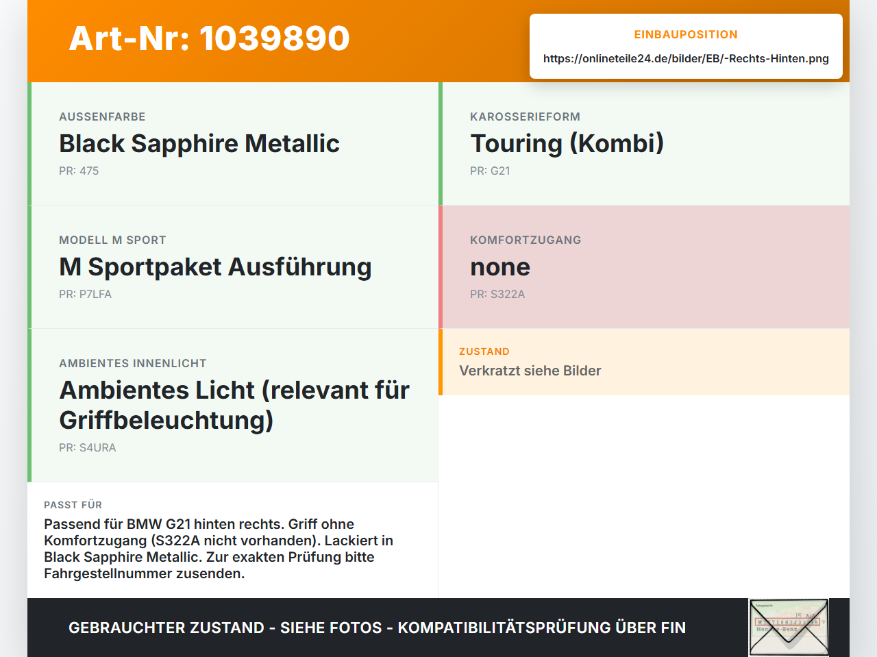 BMW G21 320dx 3er 19-22 Kombi Türgriff Griff aussen Rechts Hinten 475 BMW G21 320dx 3er 19-22 17.09.2020... Vorschau 3