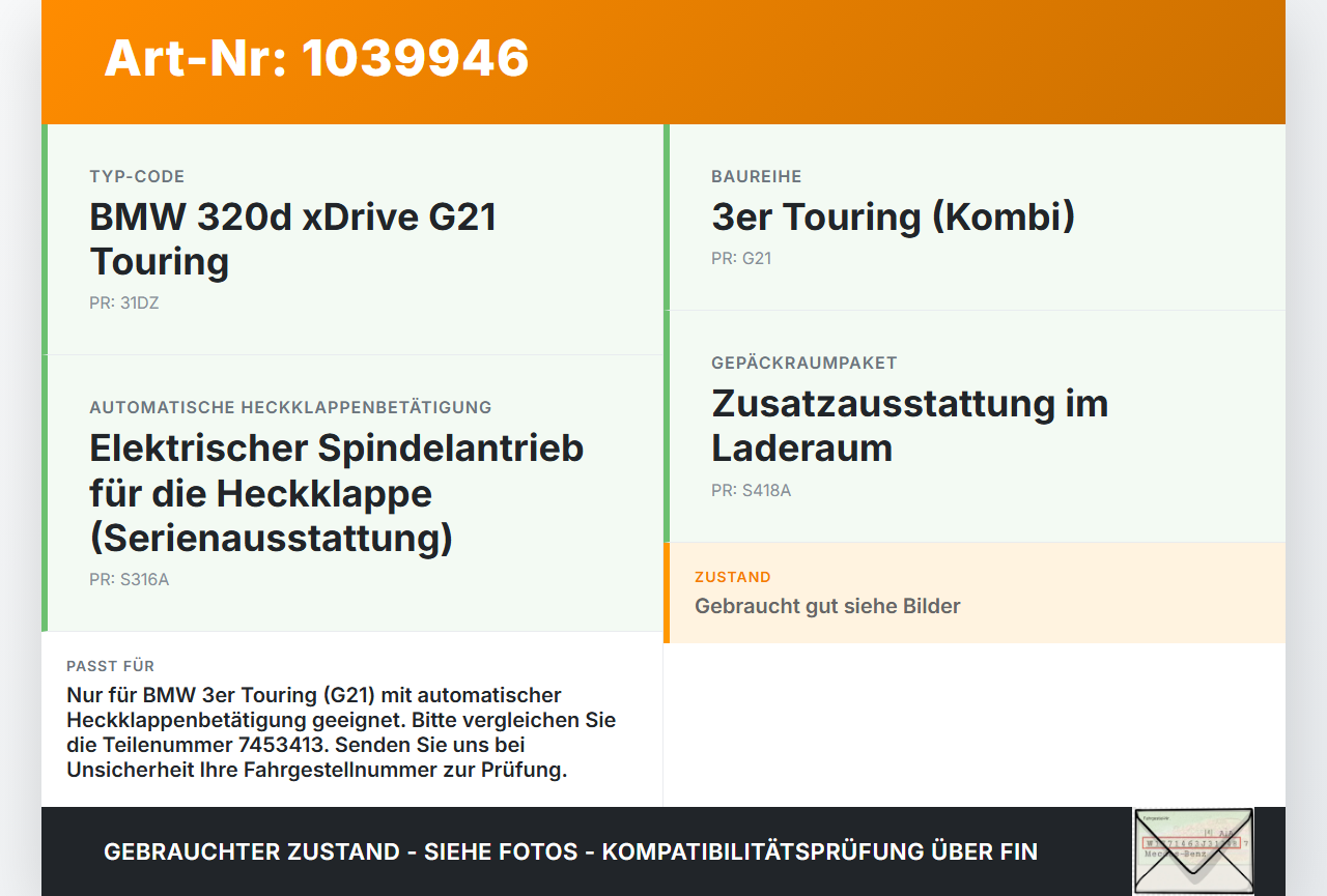 BMW G21 320dx 3er 19-22 Kombi Dämpfer Gasdruckfeder für Heckklappe BMW G21 320dx 3er 19-22 17.09.2020 7453413... Vorschau 3