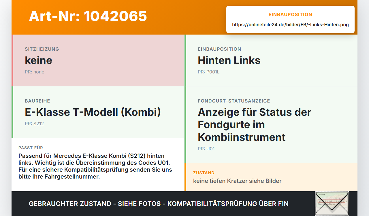 Mercedes S212 E350d 13-16 Kombi Gurtschloss Links Hinten Mercedes S212 E350d 13-16 18.02.2010 A2128601969 34022730... Vorschau 3
