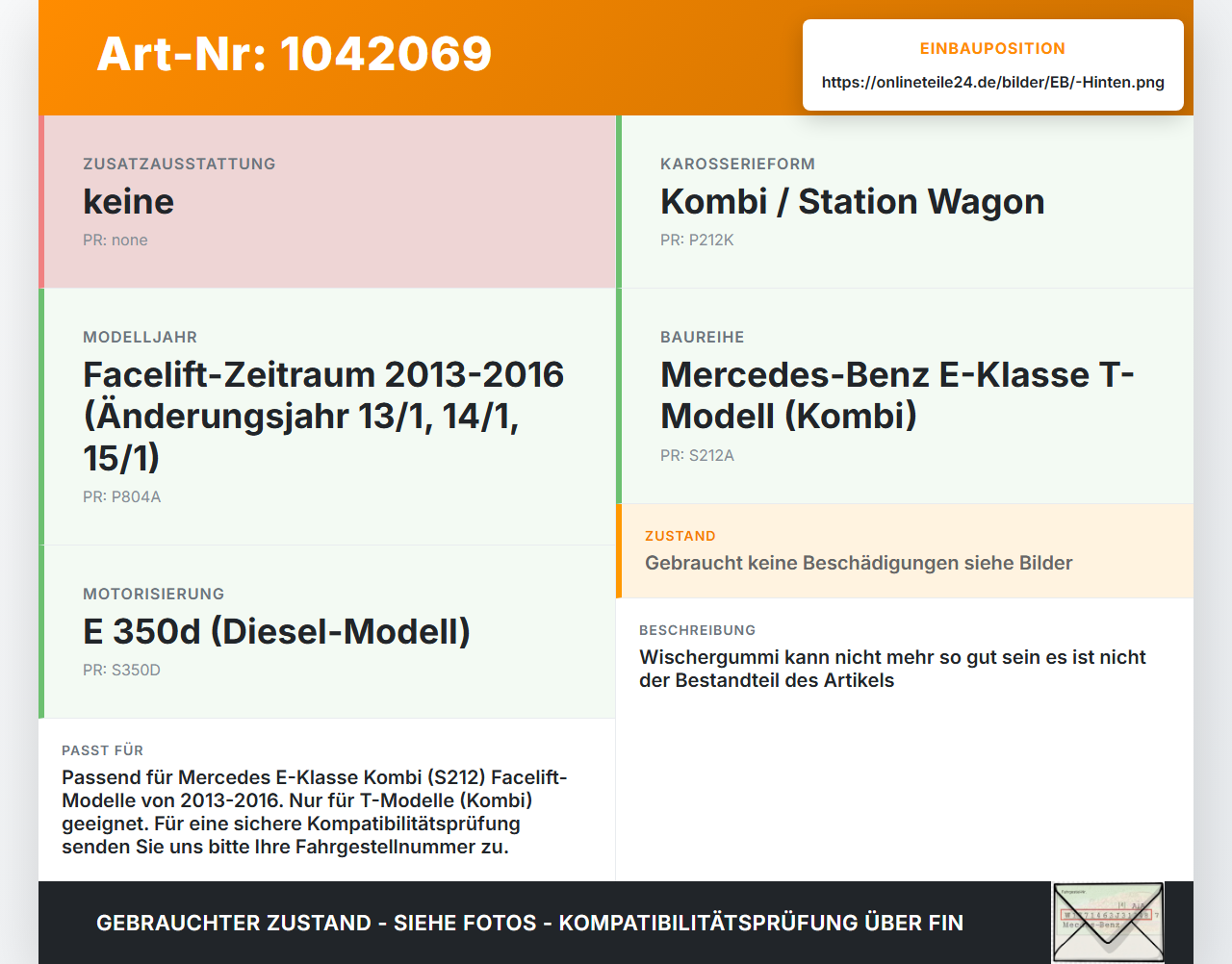 Mercedes S212 E350d 13-16 Kombi Heckwischer Scheibenwischer Hinten Wischarm Mercedes S212 E350d 13-16 18.02.2010... Vorschau 3