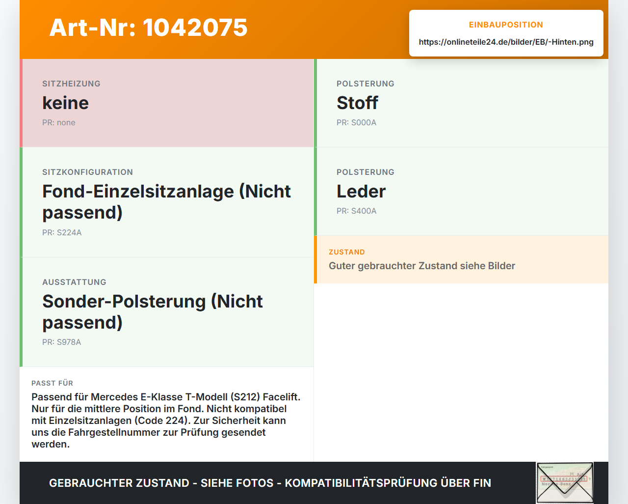 Mercedes S212 E350d 13-16 Kopfstütze Mitte Hinten Mercedes S212 E350d 13-16 18.02.2010 A2129701850 gebraucht Vorschau 3