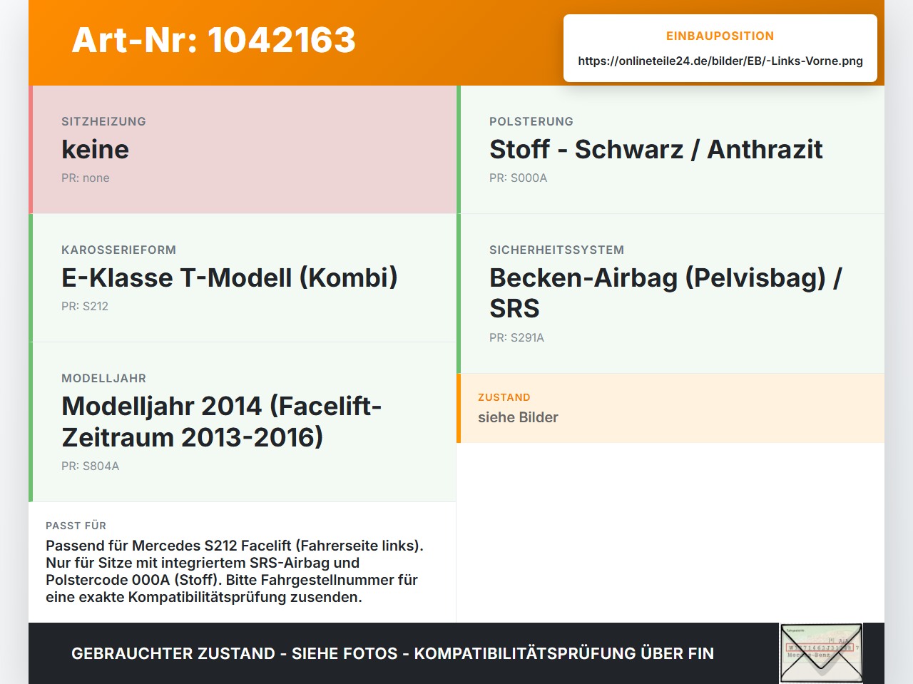 Mercedes S212 E350d 13-16 Kombi Sitzbezug Rückenpolster Links Vorne für Fahrer Sitz SRS Mercedes S212 E350d 13-16... Vorschau 3