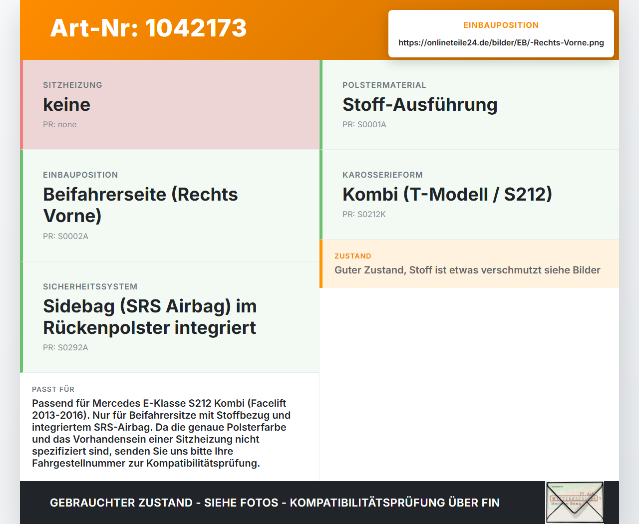 Mercedes S212 E350d 13-16 Kombi Rückenpolster Rechts Vorne für Beifahrer Sitz SRS Mercedes S212 E350d 13-16... Vorschau 3