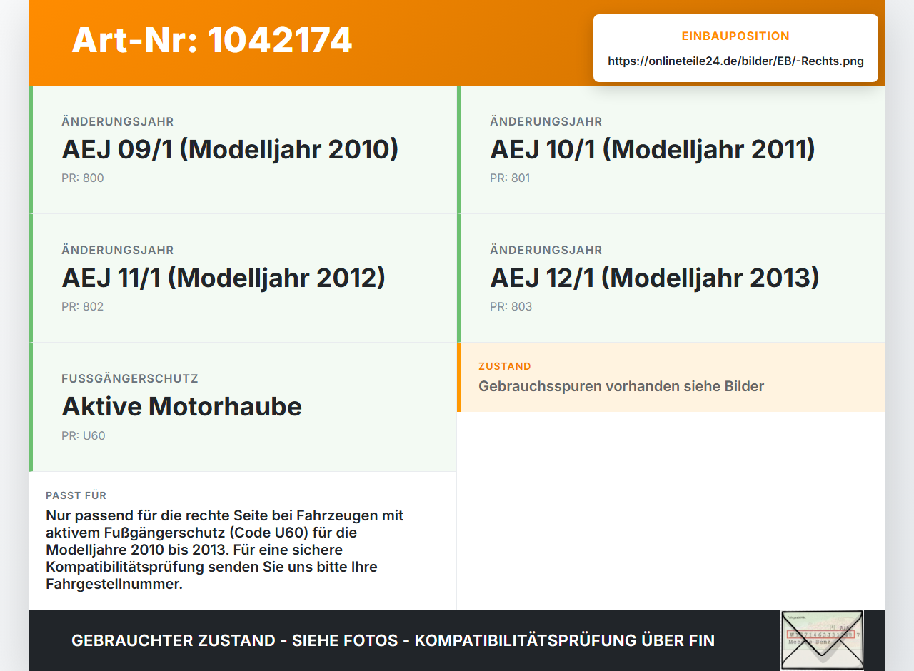 Mercedes S212 E350d 13-16 Kombi Scharnier Motorhaube Rechts Aktuator Aktiv Passantenschutz Mercedes S212 E350d... Vorschau 3