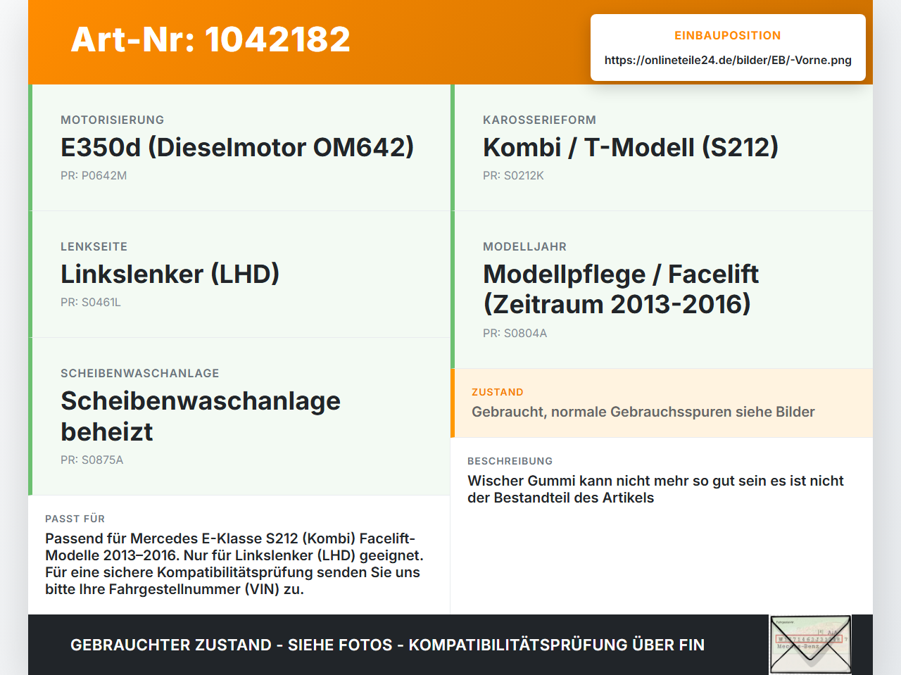 Mercedes S212 E350d 13-16 2x Scheibenwischer Wischarm Vorne Mercedes S212 E350d 13-16 18.02.2010 A2128201344 gebraucht Vorschau 3