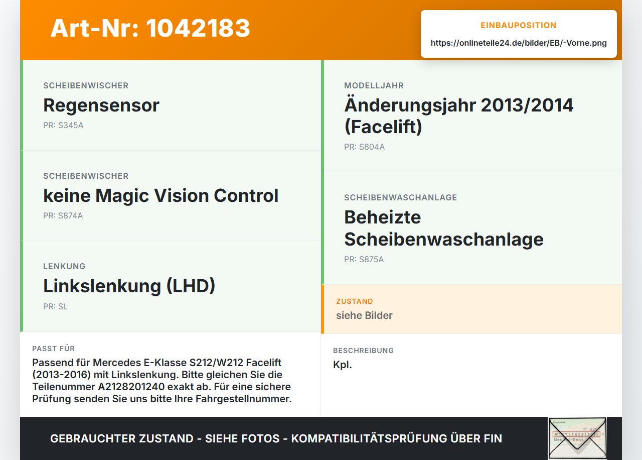 Mercedes S212 E350d 13-16 Wischermotor m. Wischergestänge Vorne Mercedes S212 E350d 13-16 18.02.2010 A2128201240... Vorschau 3