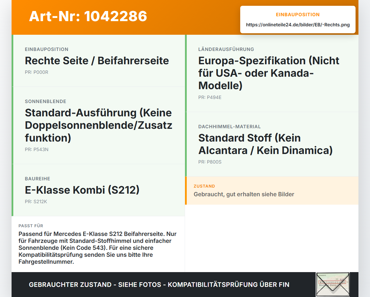 Mercedes S212 E350d 13-16 Sonnenblende Rechts für Beifahrer Mercedes S212 E350d 13-16 18.02.2010 A2128101610 gebraucht Vorschau 3