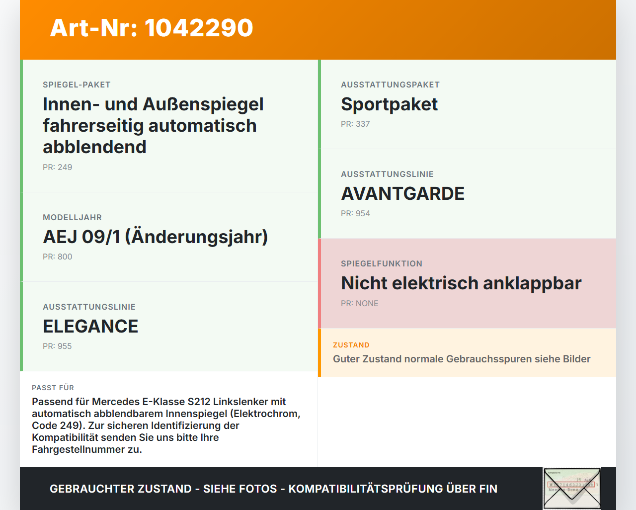 Mercedes S212 E350d 13-16 Innenspiegel Rückspiegel Spiegel Innen Elektrochrom Mercedes S212 E350d 13-16 18.02.2010... Vorschau 3