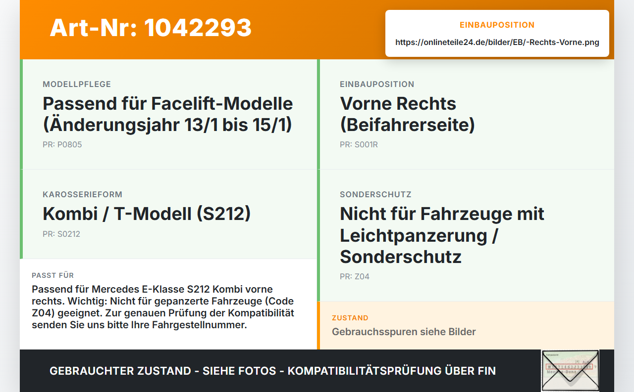 Mercedes S212 E350d 13-16 Kombi Fensterhebermotor Rechts Vorne Mercedes S212 E350d 13-16 18.02.2010 A2048200242... Vorschau 3
