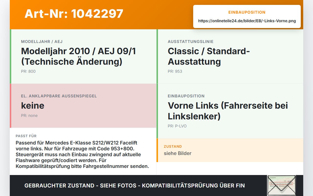 Mercedes S212 E350d 13-16 Steuergerät SG Türsteuergerät Links Vorne Mercedes S212 E350d 13-16 18.02.2010... Vorschau 3