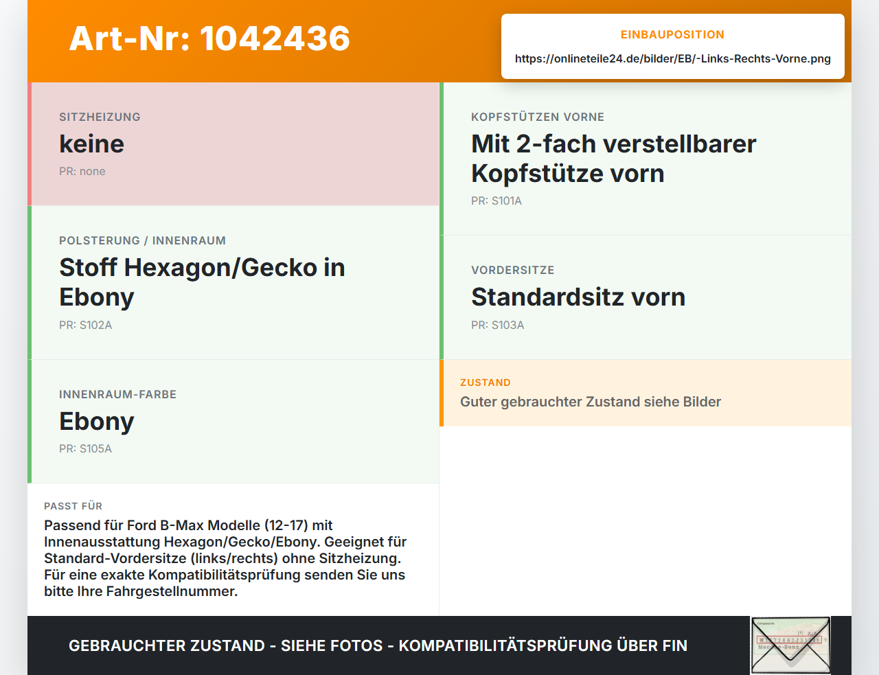 Ford B-Max JK 12-17 Kopfstütze für Fahrer Sitz Rechts oder Links Vorne Ford B-Max JK 12-17 03.04.2014... Vorschau 3