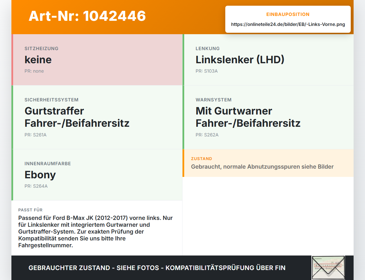 Ford B-Max JK 12-17 Gurtschloss Links Vorne Ford B-Max JK 12-17 03.04.2014 AV11-R61209-AC 34072336 gebraucht Vorschau 3