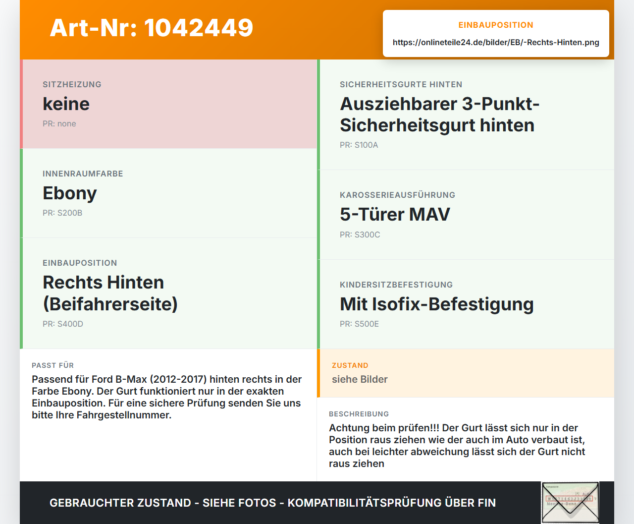 Ford B-Max JK 12-17 Gurt Sicherheitsgurt Rechts Hinten Ford B-Max JK 12-17 03.04.2014 AV11-A611B68-AB 34145763 gebraucht Vorschau 3