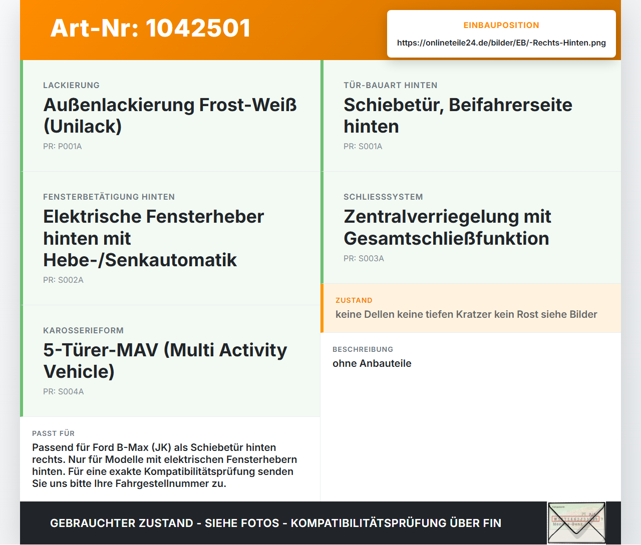 Ford B-Max JK 12-17 Tür Rechts Hinten DC Ford B-Max JK 12-17 03.04.2014 AV11-R24630-AA gebraucht Vorschau 3