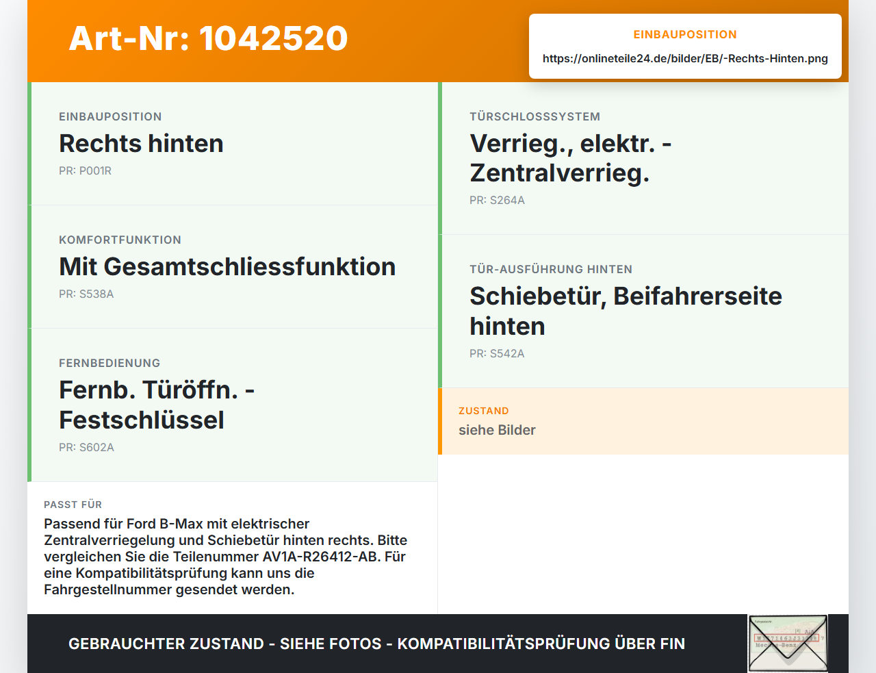 Ford B-Max JK 12-17 Türschloss m. ZV Stellmotor Rechts Hinten Ford B-Max JK 12-17 03.04.2014 AV1A-R26412-AB... Vorschau 3