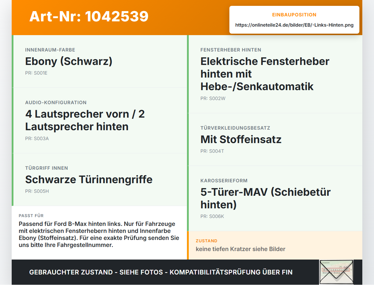 Ford B-Max JK 12-17 Türverkleidung Türpappe Links Hinten Ford B-Max JK 12-17 03.04.2014 AV11-R27407-EA3ZHE gebraucht Vorschau 3