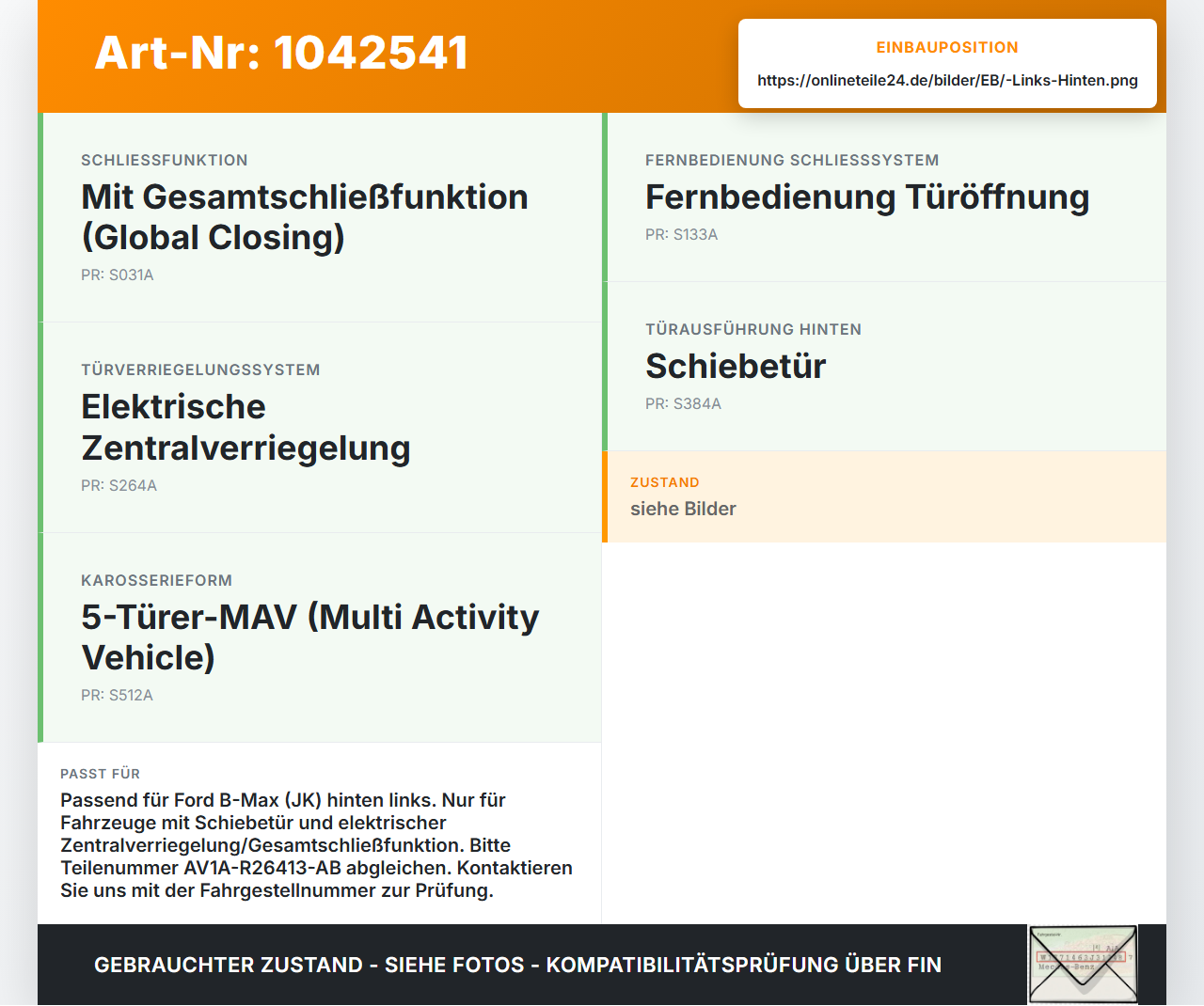 Ford B-Max JK 12-17 Türschloss m. ZV Stellmotor Links Hinten Ford B-Max JK 12-17 03.04.2014 AV1A-R26413-AB... Vorschau 3