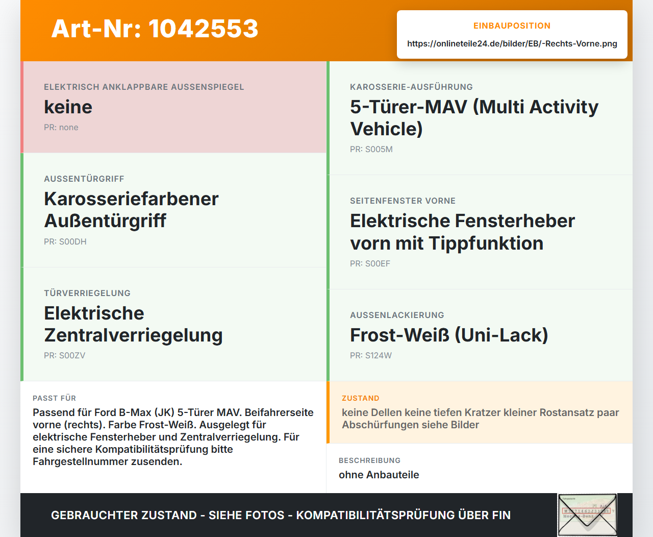 Ford B-Max JK 12-17 Tür Beifahrertür Rechts Vorne DC Ford B-Max JK 12-17 03.04.2014 AV11-R20124-AA gebraucht Vorschau 3