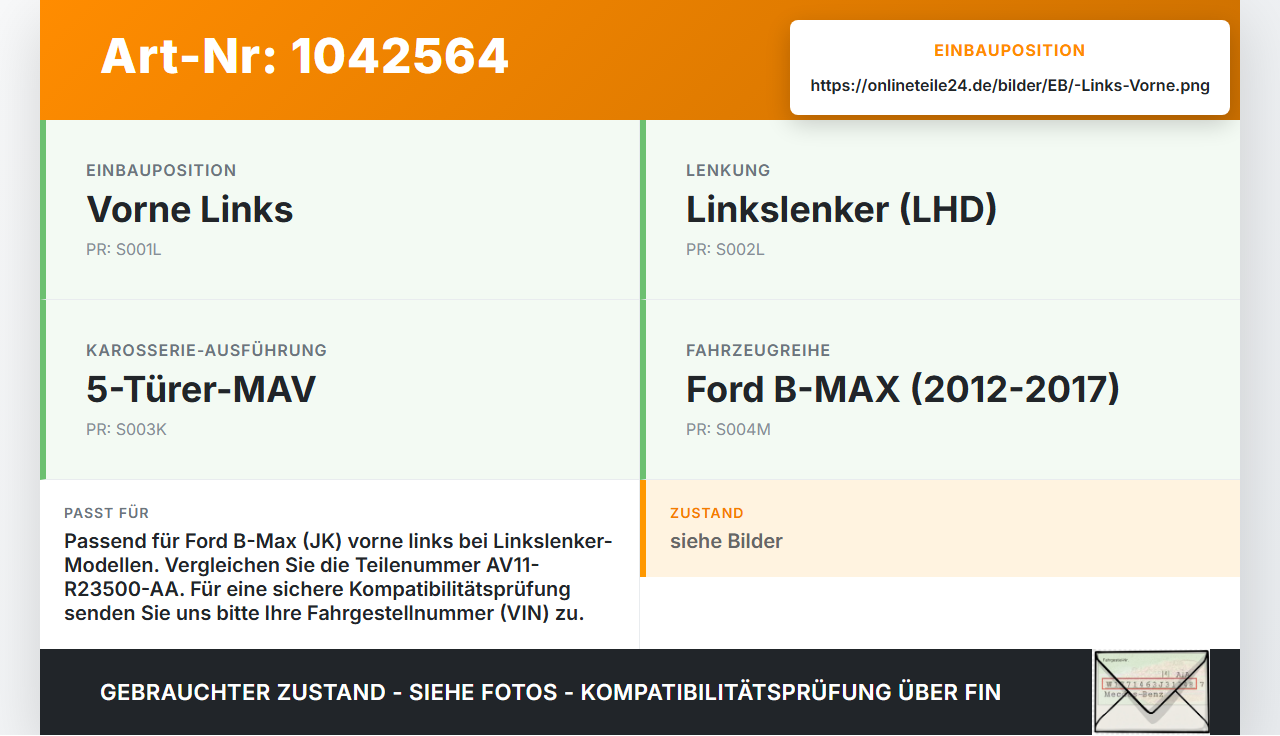 Ford B-Max JK 12-17 Türfangband Türbremse Türanschlag Links Vorne Ford B-Max JK 12-17 03.04.2014 AV11-R23500-AA... Vorschau 3