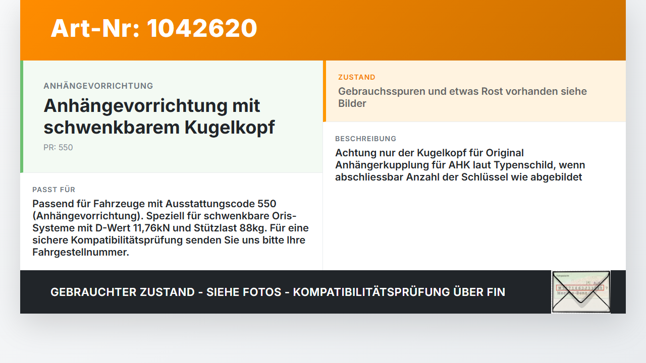Mercedes S212 E350d 13-16 Kombi Schwenkbar Kugelkopf für  Anhängerkupplung AHK Orig. Oris D=11,76kN S=88kg Mercedes... Vorschau 3