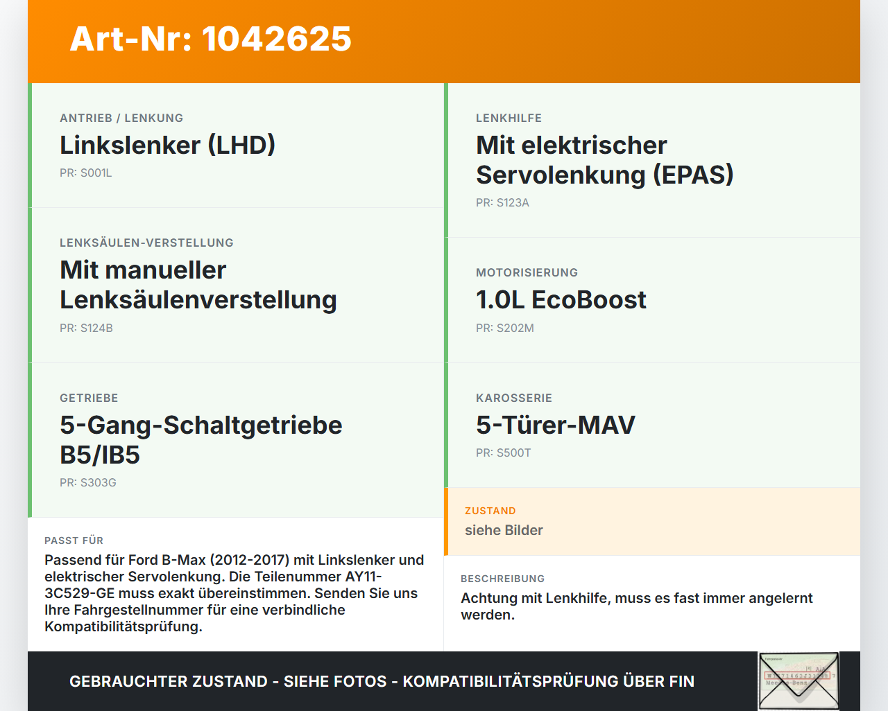 Ford B-Max JK 12-17 Lenkhilfe Lenksäule elektrisch Ford B-Max JK 12-17 03.04.2014 AY11-3C529-GE 54086717A A0044661... Vorschau 3
