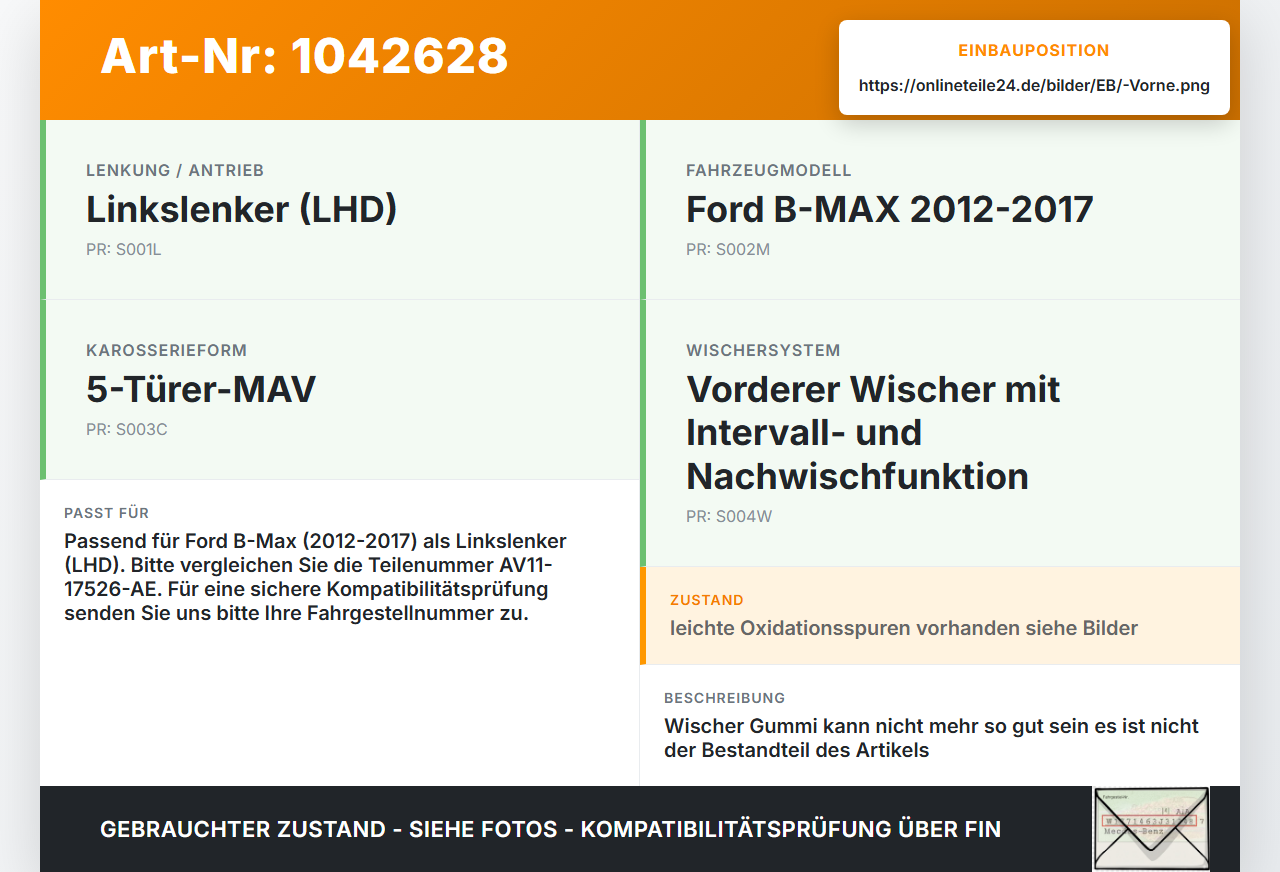 Ford B-Max JK 12-17 2x Scheibenwischer Wischarm Vorne Ford B-Max JK 12-17 03.04.2014 AV11-17526-AE gebraucht Vorschau 3